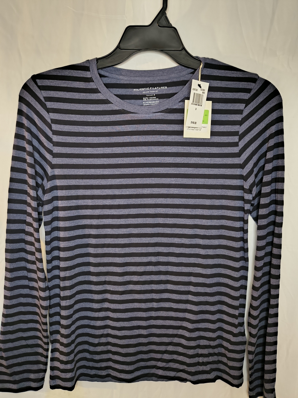 NWT Majestic Filatures Striped Soft Touch Long Sleeve Tee Top Blue Black Size 3